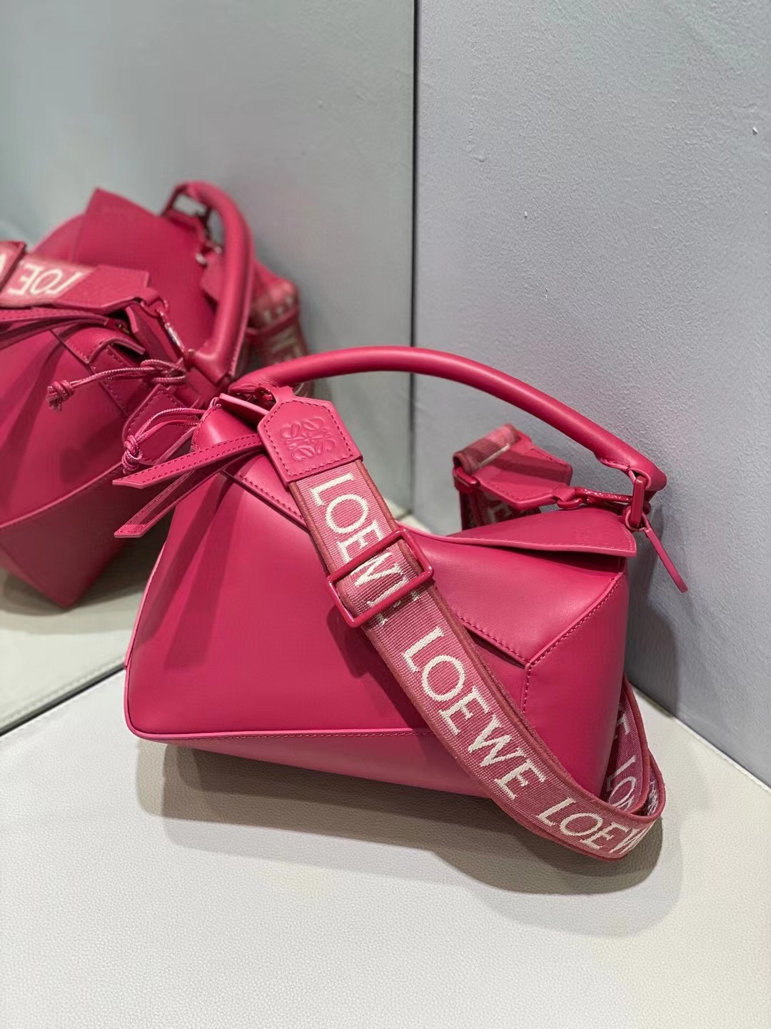 Loewe Small Puzzle Bag in Satin Calfskin Rose Red